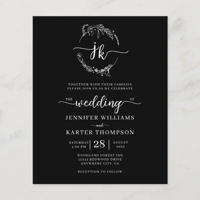 BUDGET Floral Black White Monogram Photo Wedding  (Front)
