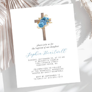 Budget Floral Blue Gold Cross Baptism Invite