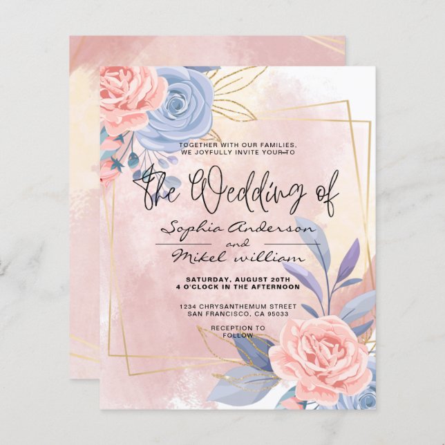 Budget Floral Blue & Pink Brush wedding Invitation (Front/Back)