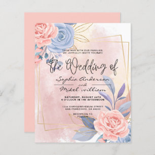 Budget Floral Blue & Pink Brush wedding Invitation