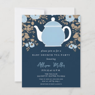 Budget Floral Blue Tea Party Boy Baby Shower Invit