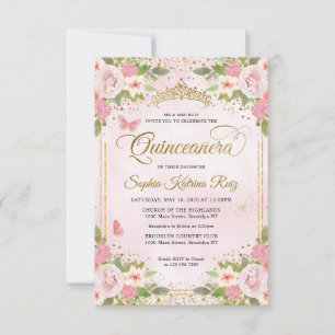 Budget Floral Blush Pink Gold Glitter Quinceañera Card