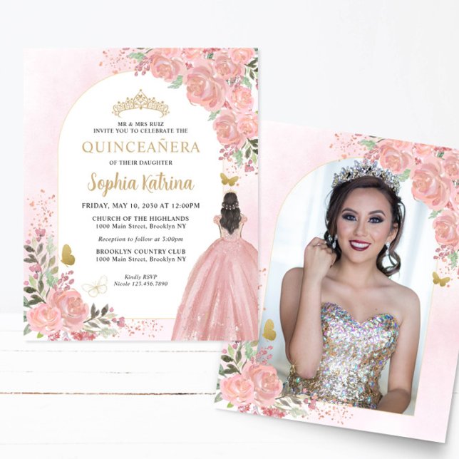 Budget Floral Blush Pink Gold Photo Quinceañera (Creator Uploaded)