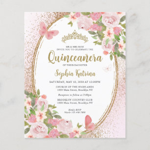 Budget Floral Blush Pink Gold Tiara Quinceañera Flyer