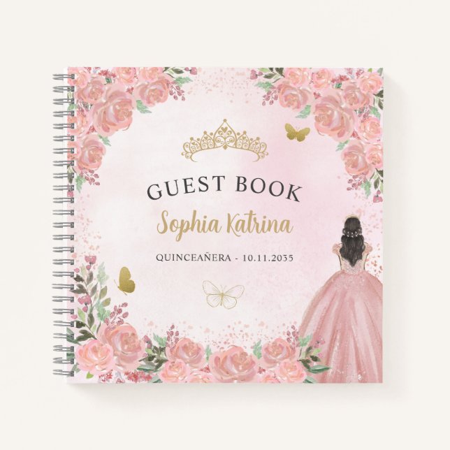 Budget Floral Blush Pink Quinceanera Guestbook Notebook (Front)