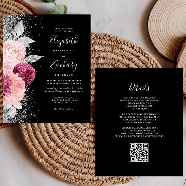 Budget Floral Blush Silver Black QR Code Wedding (Creator Uploaded)