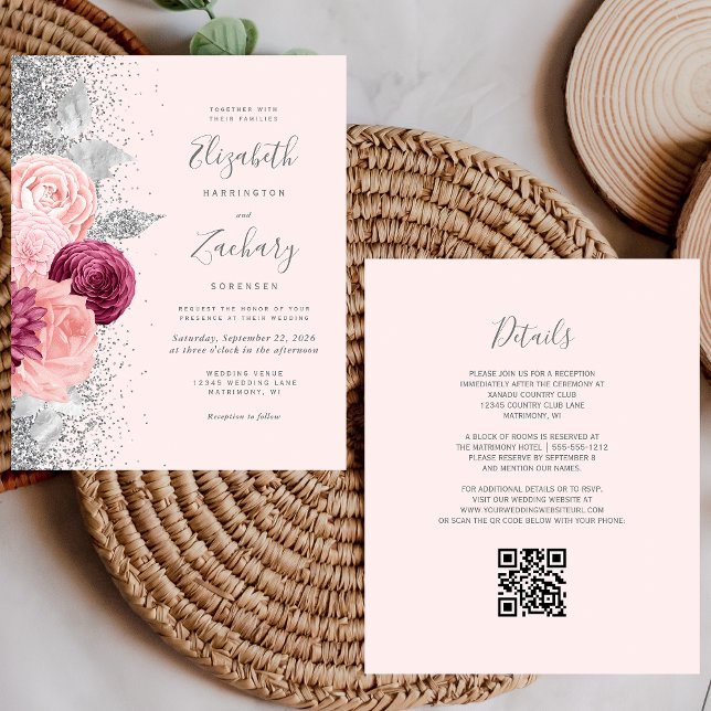 Budget Floral Blush Silver Glitter QR Code Wedding (Creator Uploaded)