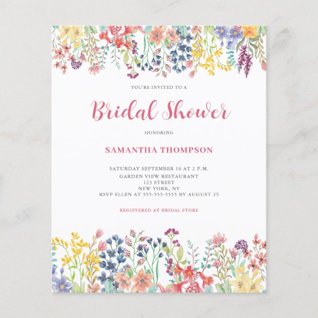 Budget Floral Botanical Bridal Shower Invitation  Flyer (Front)