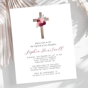 Budget Floral Burgundy Blush Cross Baptism Invite