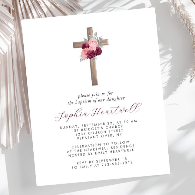 Budget Floral Burgundy Blush Cross Baptism Invite (Creator Uploaded)