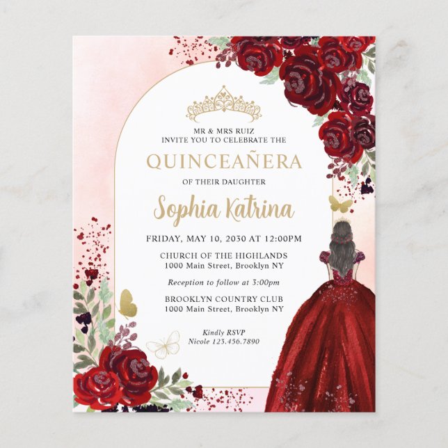 Budget Floral Burgundy Gold Princess Quinceanera (Front)