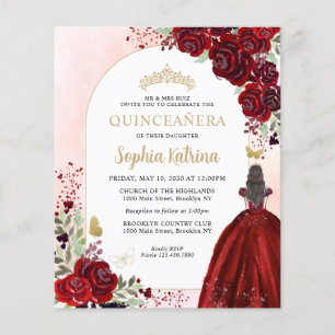 Budget Floral Burgundy Gold Princess Quinceanera