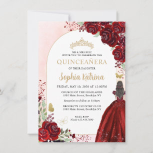 Budget Floral Burgundy Gold Princess Quinceanera Card