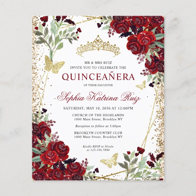 Budget Floral Burgundy Gold Quinceañera Invite (Front)