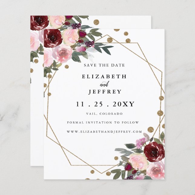 Budget Floral Burgundy Gold Save The Date  (Front/Back)