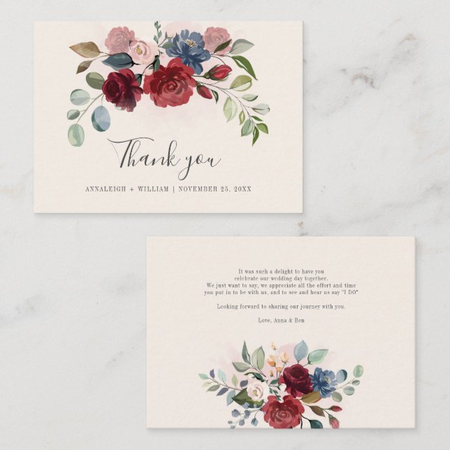 Budget Floral Burgundy Greenery Wedding Thank You Card (Front/Back)