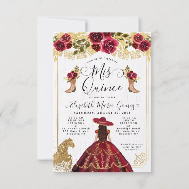 Budget Floral Burgundy Latina Charra Quinceanera Card (Front)