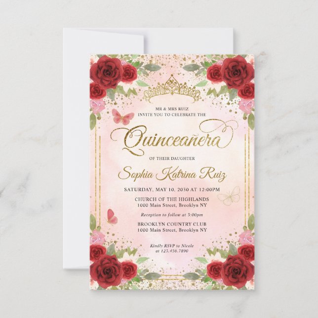 Budget Floral Burgundy Pink Gold Crown Quinceañera Card (Front)