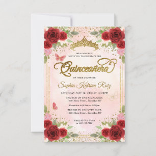 Budget Floral Burgundy Pink Gold Crown Quinceañera Card