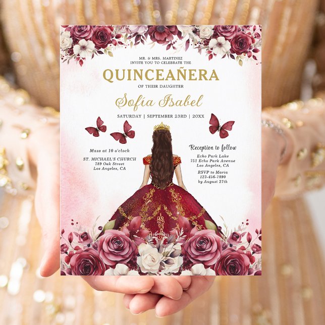 Budget Floral Burgundy Princess Quinceanera Flyer (Creator Uploaded)