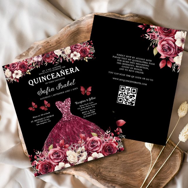 Budget Floral Burgundy QR Code Quinceanera (Creator Uploaded)