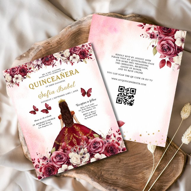 Budget Floral Burgundy QR Code Quinceanera Flyer (Creator Uploaded)