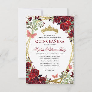 Budget Floral Burgundy Red Gold Tiara Quinceañera Card