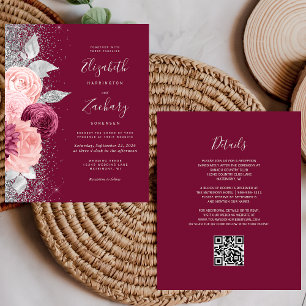 Budget Floral Burgundy Silver QR Code Wedding