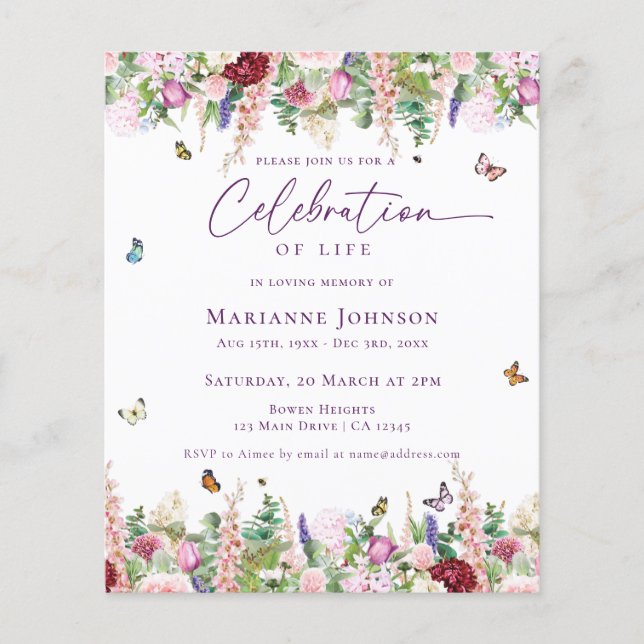 Budget Floral Butterflies Celebration of Life Flyer (Front)