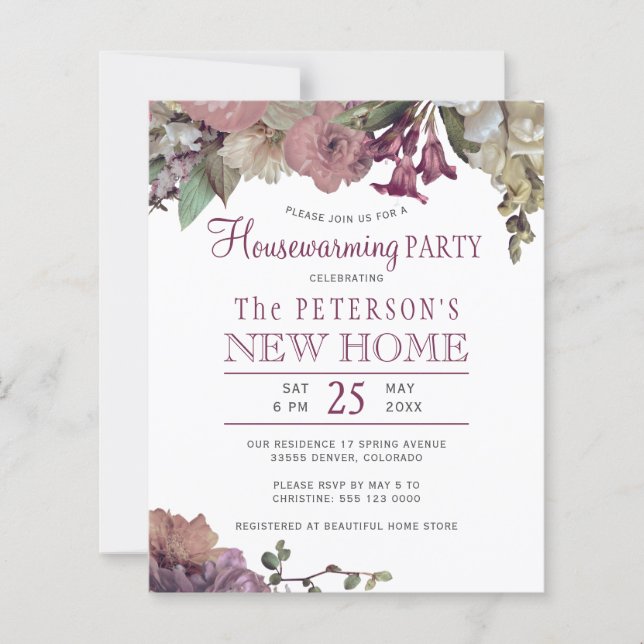 Budget floral chic housewarming party invitation (Front)