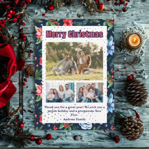 Budget Floral Christmas Plaid 3 Photo Holiday Card
