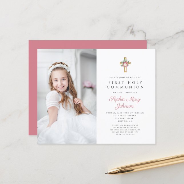 Budget Floral Cross Girl First Communion Photo (Front/Back In Situ)