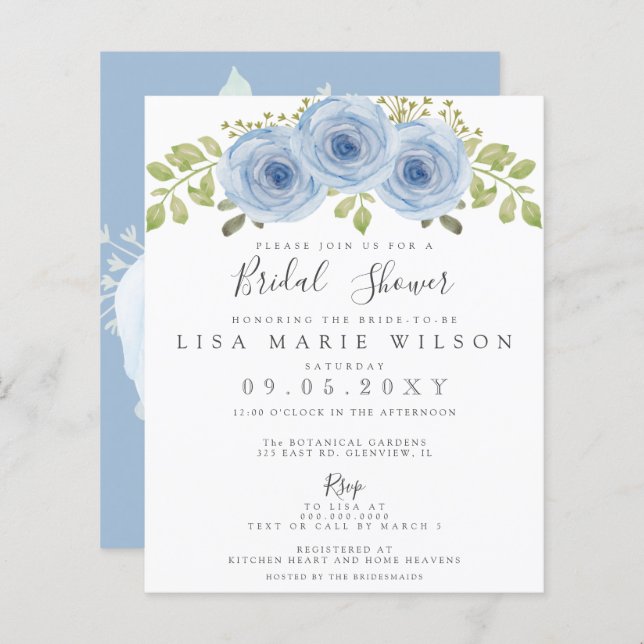 Budget Floral Dusty Blue Bridal Shower Invitation (Front/Back)
