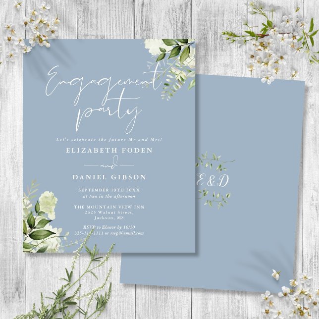 Budget Floral Dusty Blue Engagement Party Invite (Budget Floral Dusty Blue Engagement Party Invite)