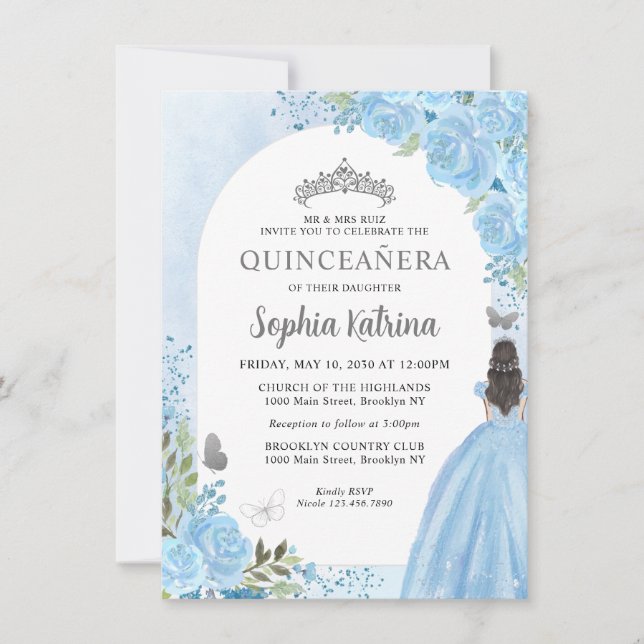 Budget Floral Dusty Blue Grey Princess Quinceanera Card (Front)