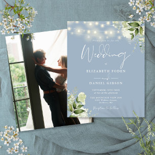 Budget Floral Dusty Blue Photo Wedding Invite