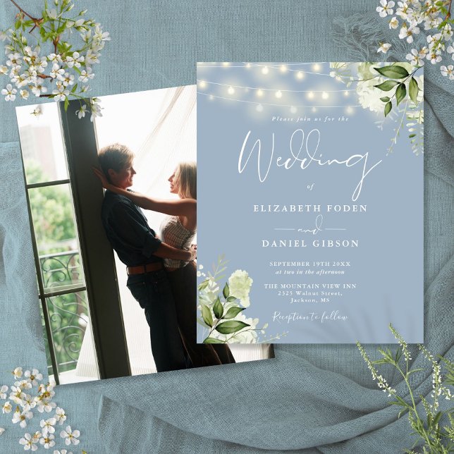 Budget Floral Dusty Blue Photo Wedding Invite (Budget Floral Dusty Blue Photo Wedding Invite)