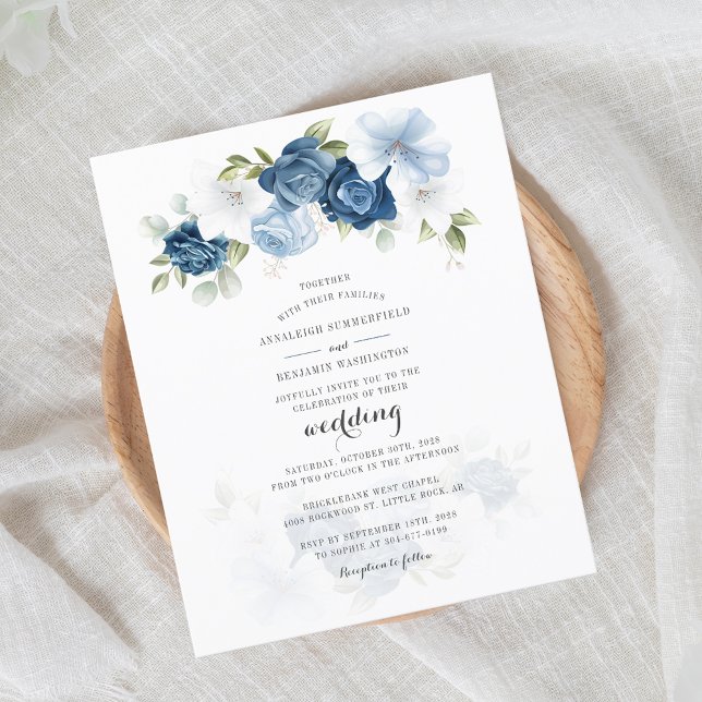 Budget Floral Dusty Blue Script Wedding Invitation (Elegant Dusty Blue Floral Script Wedding Invitation)