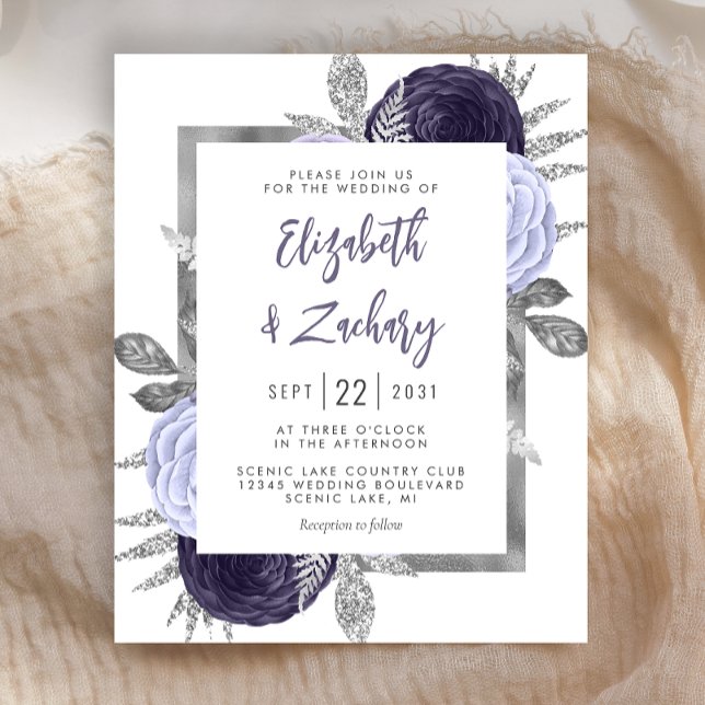 Budget Floral Dusty Purple Silver Wedding Invite (Creator Uploaded)