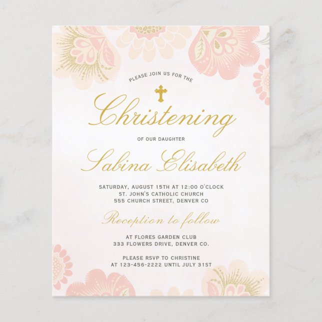 Budget floral elegant Christening Invitation Flyer (Front)