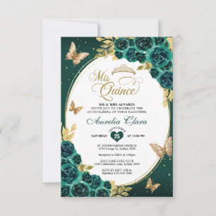 BUDGET Floral Emerald Gold Butterfly Quinceañera Card
