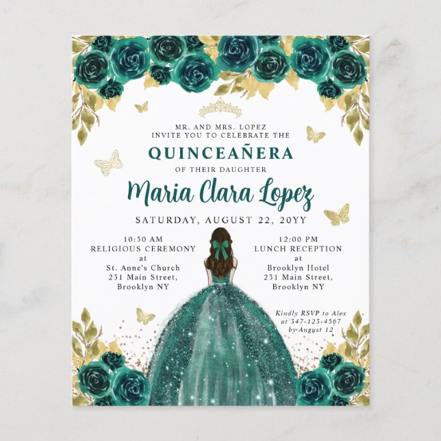 Budget Floral Emerald Gold Princess Quinceanera (Front)