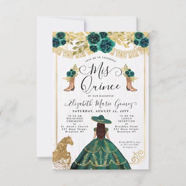 Budget Floral Emerald Green Charra Quinceanera Card (Front)