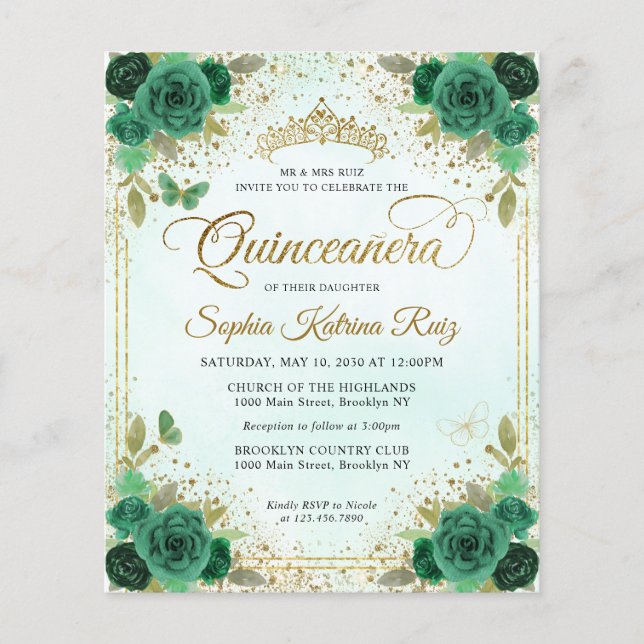 Budget Floral Emerald Green Glam Gold Quinceañera (Front)