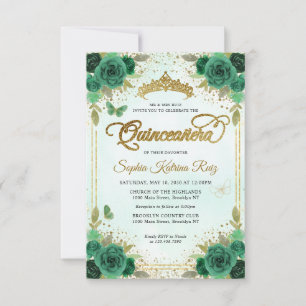Budget Floral Emerald Green Glam Gold Quinceañera Card