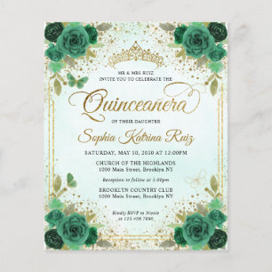 Budget Floral Emerald Green Glam Gold Quinceañera Flyer