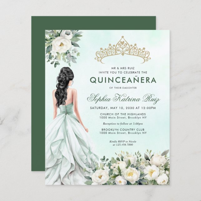 Budget Floral Emerald Green Princess Quinceañera (Front/Back)