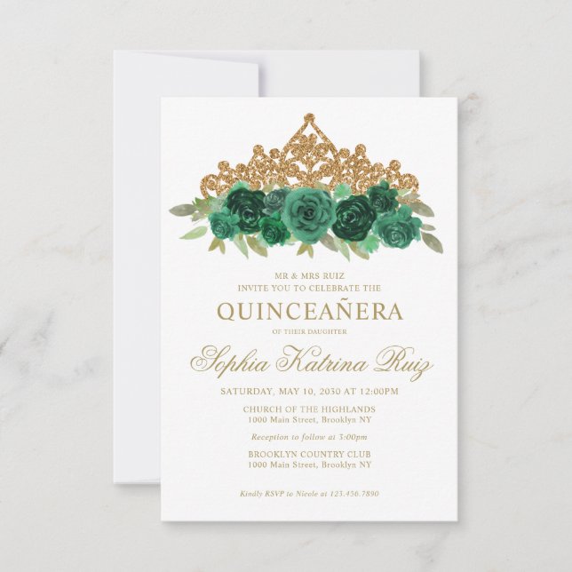 Budget Floral Emerald Green Tiara Quinceañera Card (Front)
