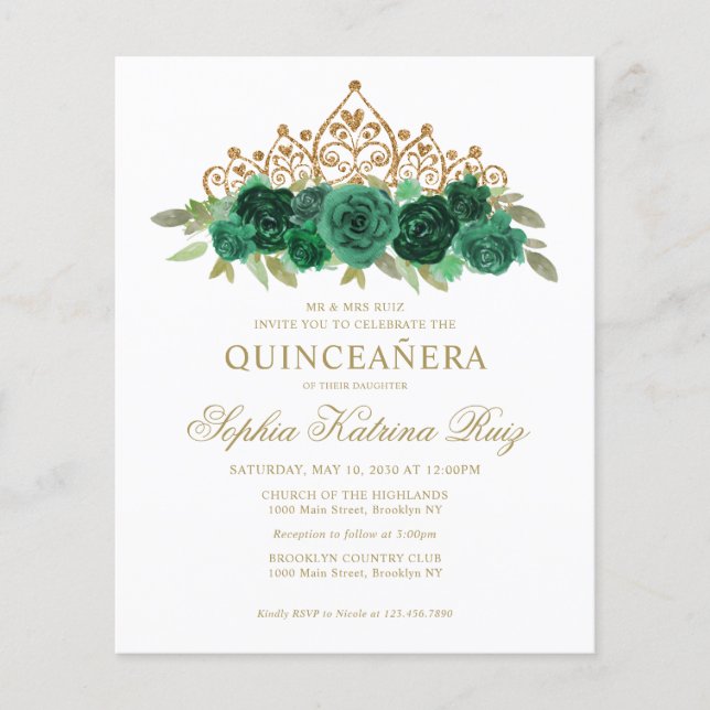 Budget Floral Emerald Green Tiara Quinceañera Flyer (Front)