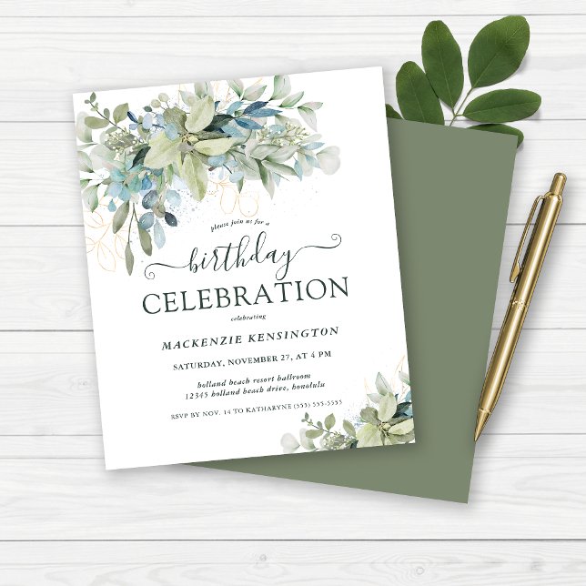 Budget Floral Eucalyptus Birthday Celebration  (Budget Floral Eucalyptus Birthday Celebration Invitation)